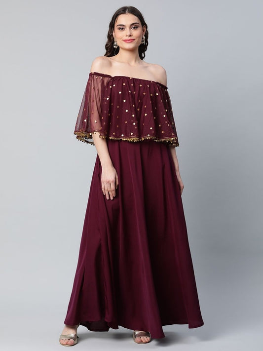 Ahalyaa Women Wine Colour Crepe & Net Gold Printed Dress | Swadesiicart