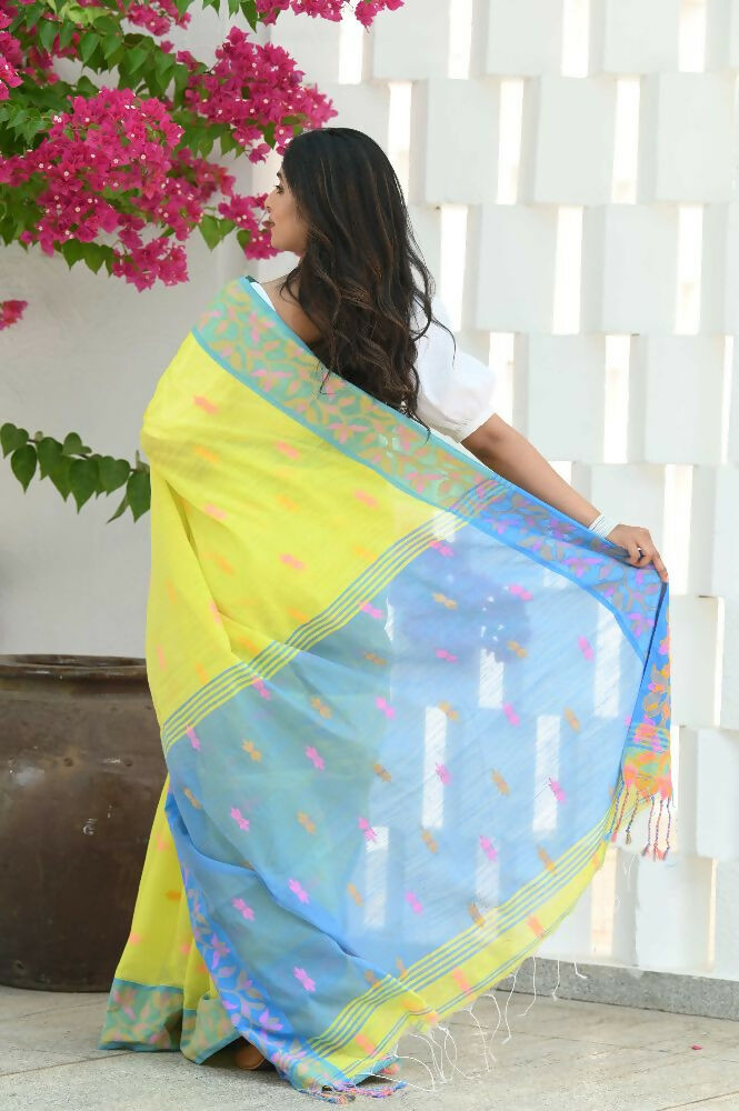 Beatitude Yellow Slub Cotton Floral Jamdani Saree