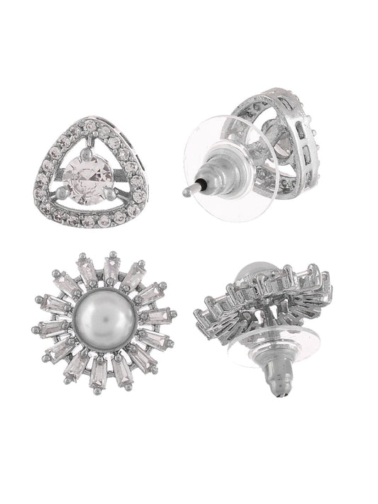 Shoshaa Set of 2 Silver-Toned Ad Stones Contemporary Studs Earrings