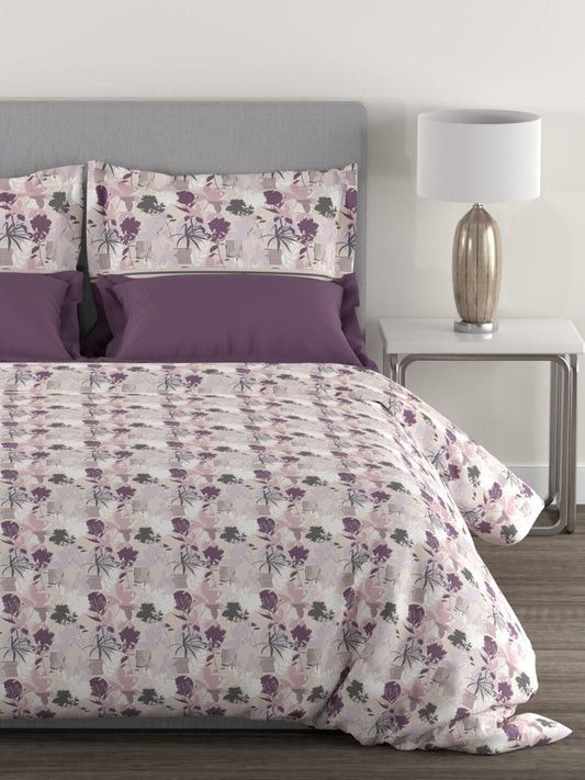 MYTRIDENT Mauve White Floral Cotton 144 TC Queen Bedsheet With 2 Pillow Covers - Swadesiicart