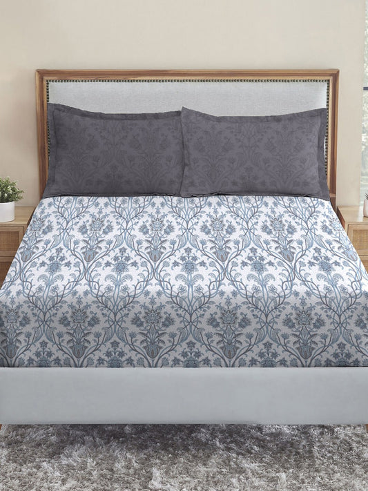 MYTRIDENT Dusk and Dawn Blue Ethnic Motifs Cotton 144 TC Queen Bedsheet 2 Pillow Covers - Swadesiicart