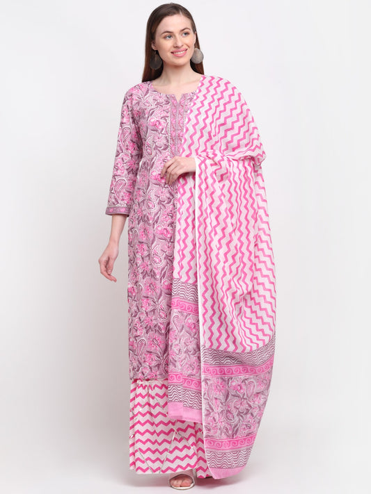 Kalini Women Pink Paisley Printed Pure Cotton Kurta with Sharara & With Dupatta | Swadesiicart