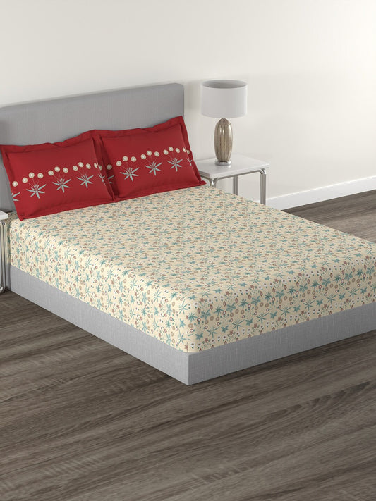 MYTRIDENT Beige Green Floral Cotton 144 TC Queen Bedsheet With 2 Pillow Covers - Swadesiicart