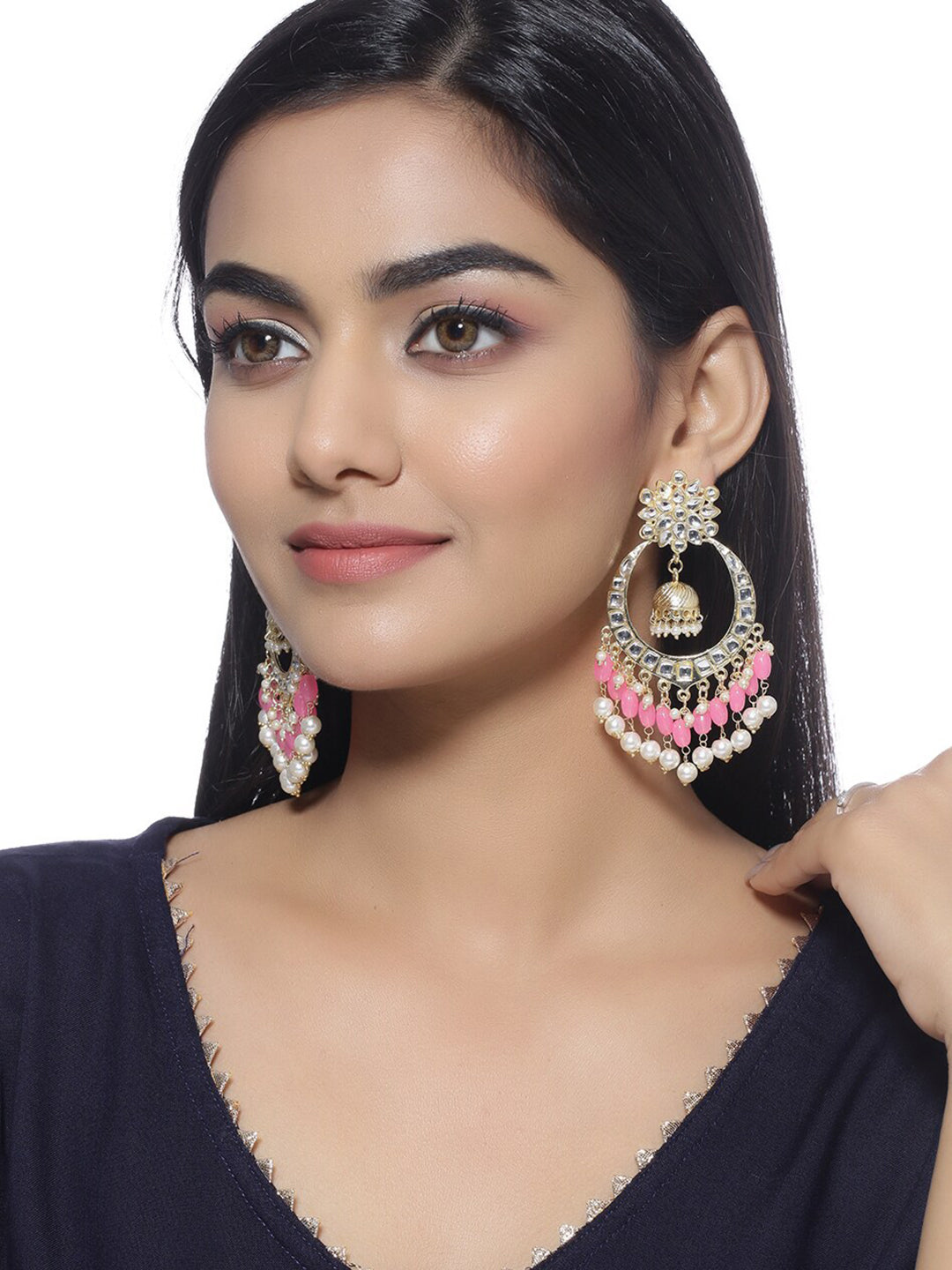 Shoshaa Pink & Gold-Toned Contemporary Kundan Drop Earrings With Pearls | Swadesiicart