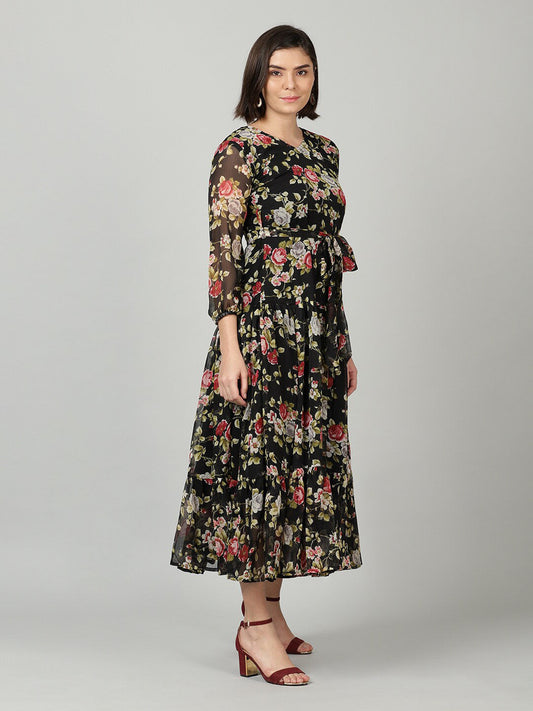 Souchii Black & Pink Floral Chiffon Midi Dress - Swadesiicart