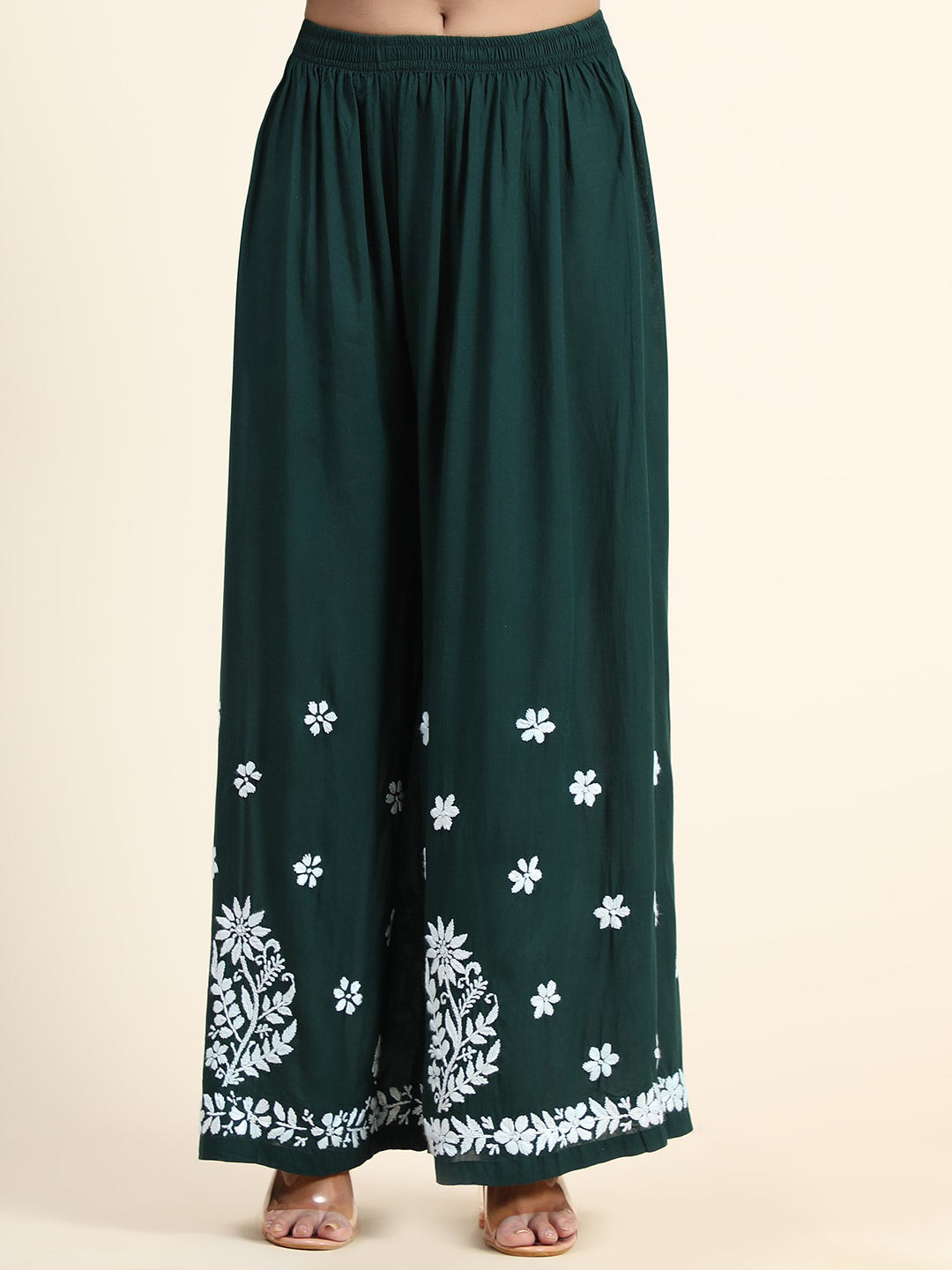 HOUSE OF KARI Women Green Floral Embroidered Chikankari Kurta with Palazzos | Swadesiicart