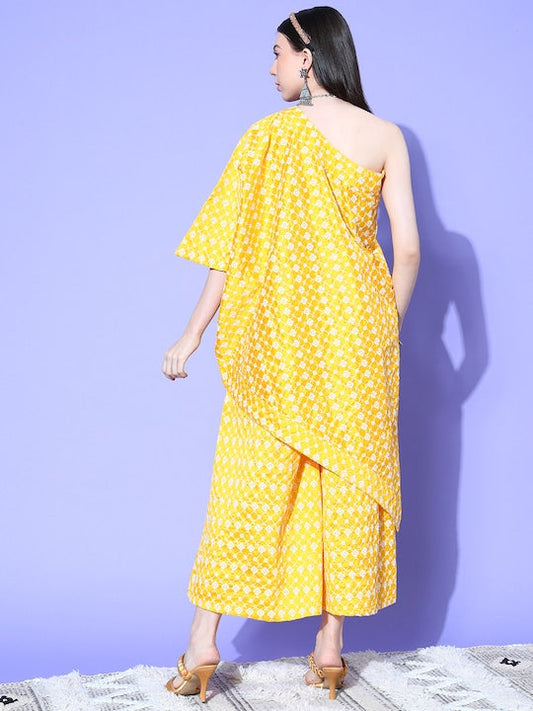 InWeave Women's Light Yellow Mirror Work Oneshoulder Kurta Set - Swadesiicart