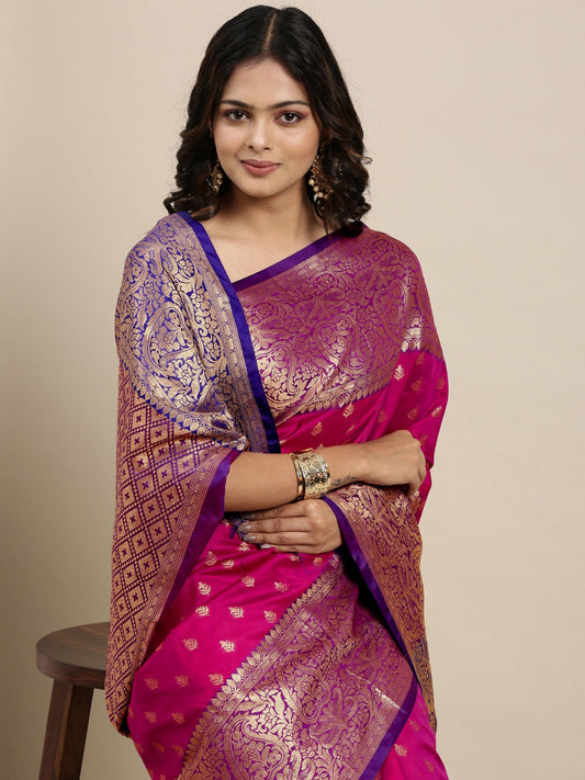Mitera Pink & Golden Ethnic Motifs Banarasi Saree with Zari Border | Swadesiicart