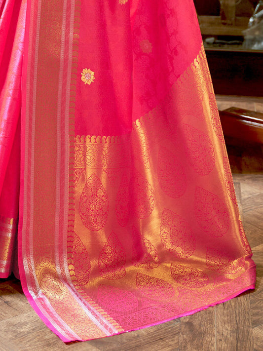 Mitera Pink & Golden Floral Zari Silk Blend Banarasi Saree | Swadesiicart