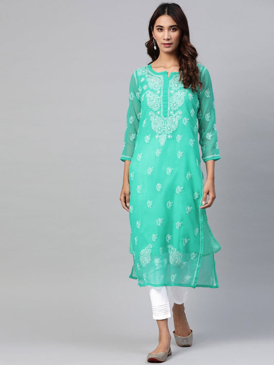 ADA Women Sea Green & White Chikankari Embroidered Kurta with Trousers | Swadesiicart