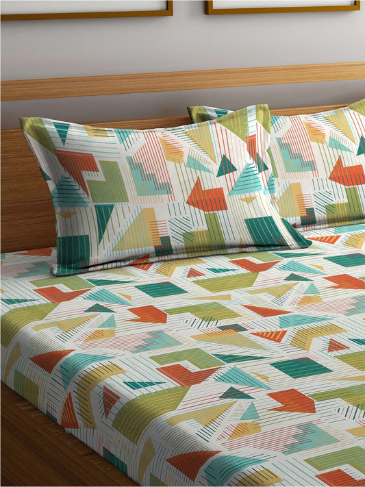 BOMBAY DYEING Serenita Yellow Geometric Cotton 144 TC King Bedsheet & 2 Pillow Covers - Swadesiicart