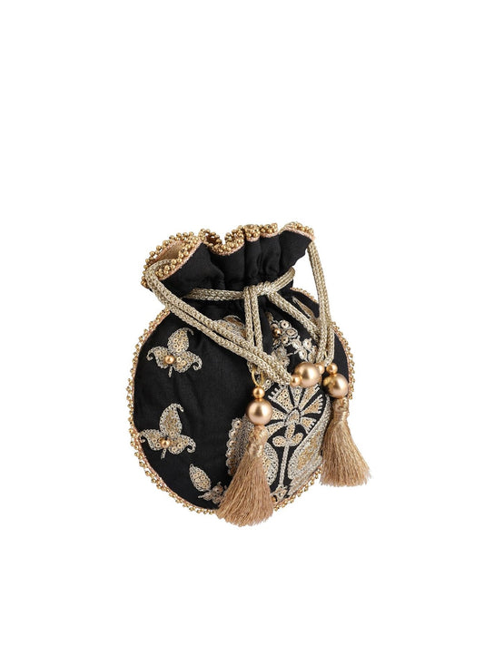 Masq Black & Gold-Toned Embellished Embroidered Potli Clutch - Swadesiicart