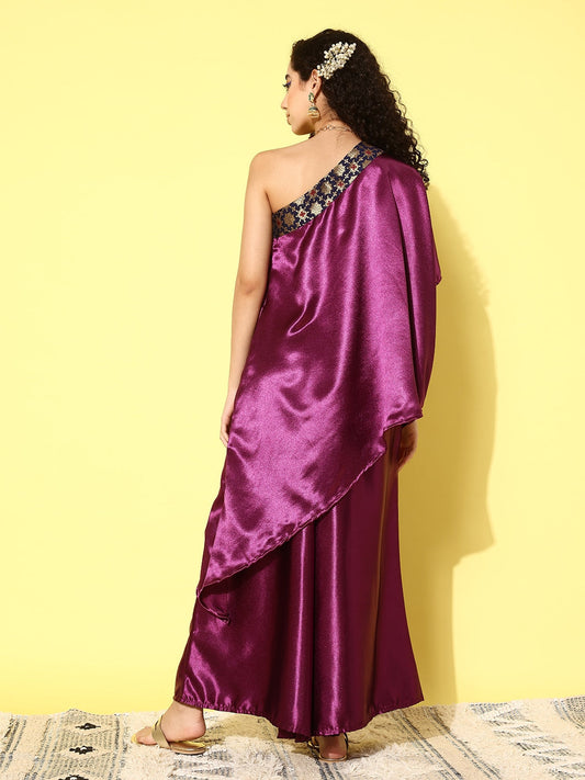 InWeave Women's Wine Navy Brocade Satin Oneshoulder Kurta Set - Swadesiicart