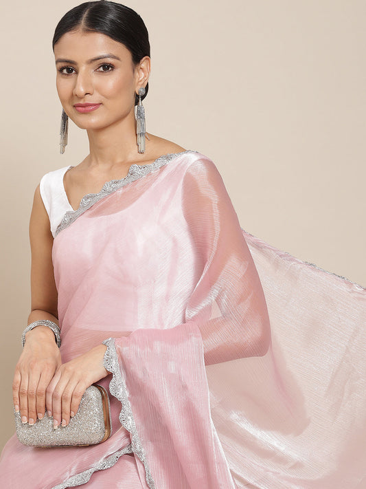 Tikhi Imli Pink Solid Embellished Border Saree | Swadesiicart