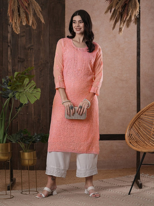 ADA Women Peach-Coloured Chikankari Hand Embroidered Straight Kota Handloom Kurta With Matching Slip | Swadesiicart