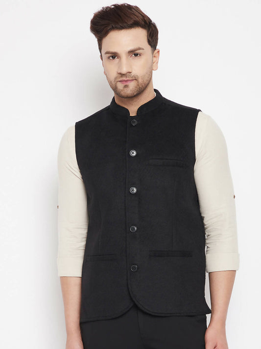 Even Apparels Black Wool Men Woven Nehru Jacket | Swadesiicart