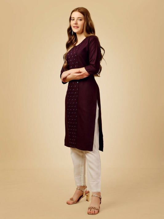 Jyoti Fashion Women's Wine Cotton Blend Embroidered Kurta Pant Set - Swadesiicart