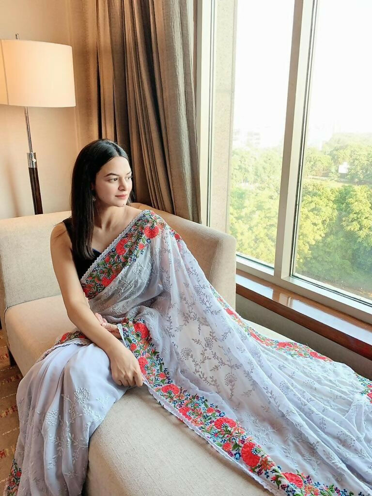 Vamsee Sandhya Grey Georgette Saree - Swadesiicart