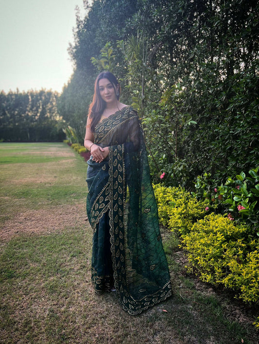 Vamsee Aaisa Green Organza Saree - Swadesiicart