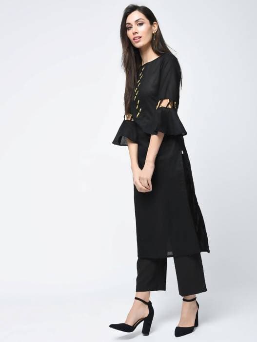 Aniyah Cotton Criss Cross Bell Sleeves Straight Kurta In Black (AN-101C) - Swadesiicart