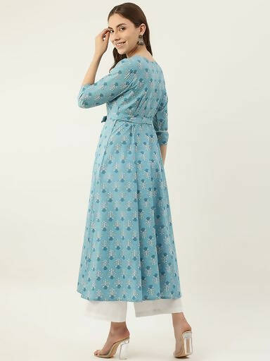 FIORRA Women's Sky Blue Cotton Kurta - Swadesiicart