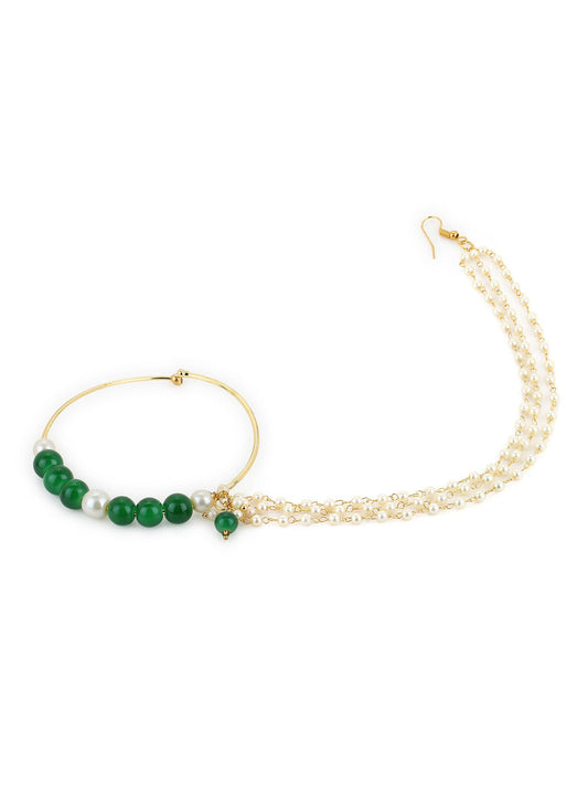 Gold-Polished White Green Stone-Studded Pearl Beaded Nosepin - Ruby Raang | Swadesiicart