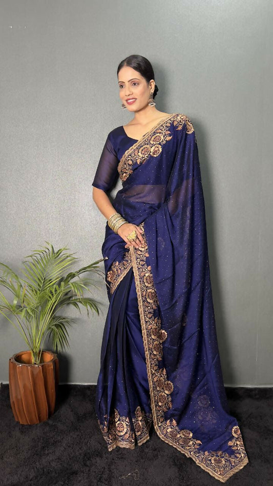 Vastranavya Blue Rangoli Silk Zari work with DMC Swarovski work Ready to Wear Saree | Swadesiicart