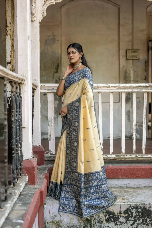 Vishnu Weaves Women's Blue Handloom Raw Silk Woven Saree with Blouse - Swadesiicart