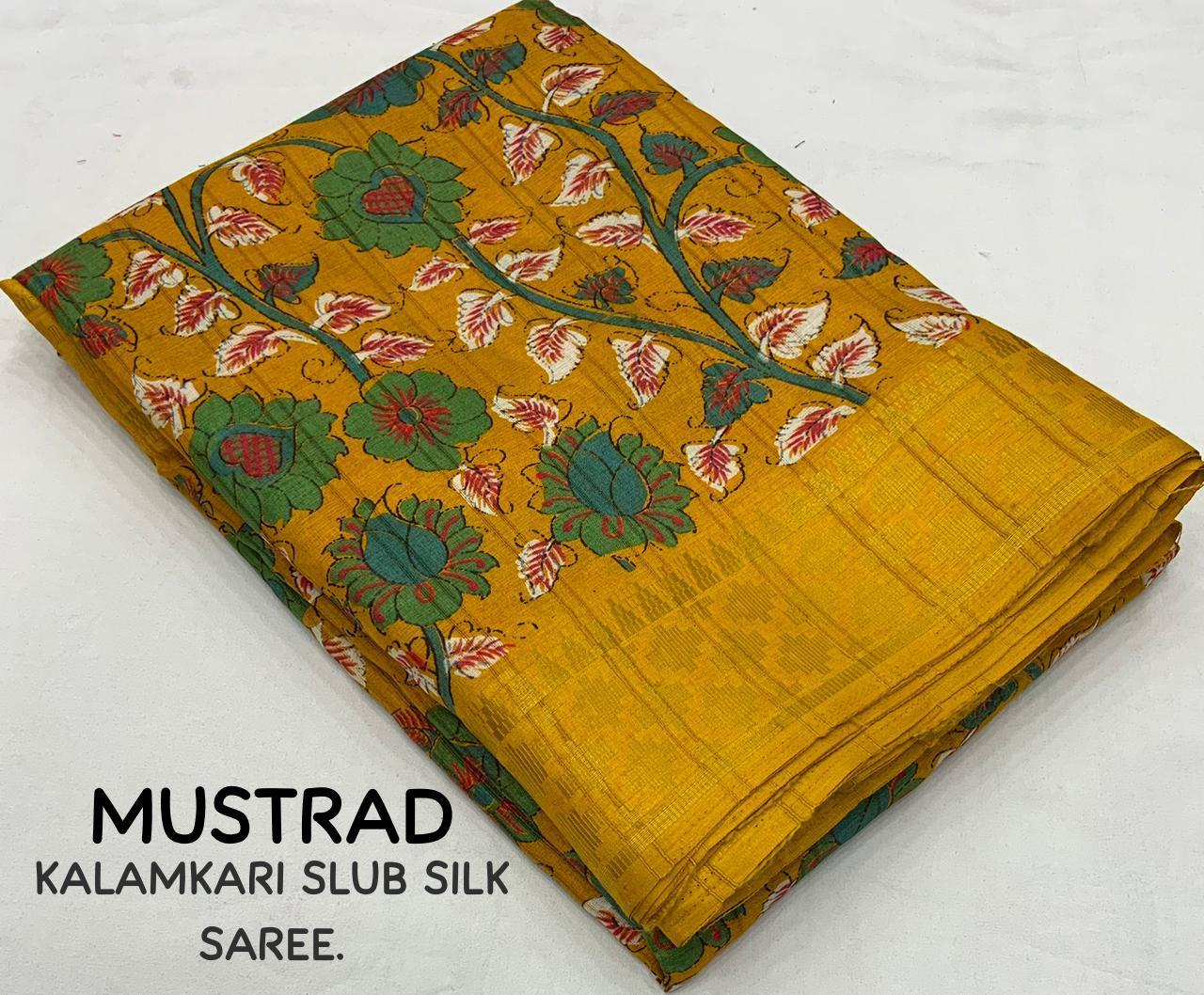 Mustard Slub Silk Printed Saree with Unstitched Blouse - Hiral Fashion | Swadesiicart