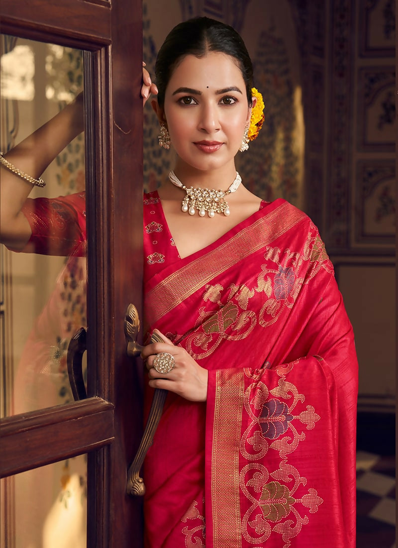 Monjolika Fashion Rani Pink Silk Blend Banarasi Zari Work Classic Saree | Swadesiicart