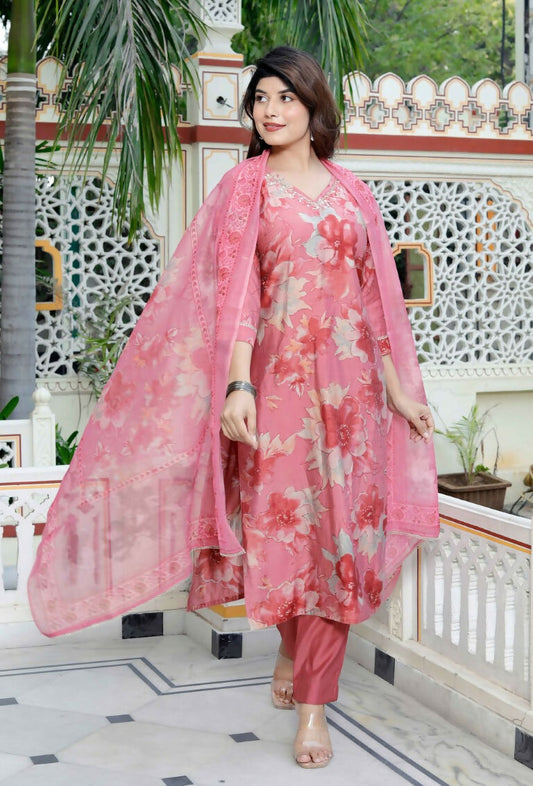 Miravan Women's Muslin Pink V-Neck Embroidered Kurta with Palazzo and Dupatta - Swadesiicart