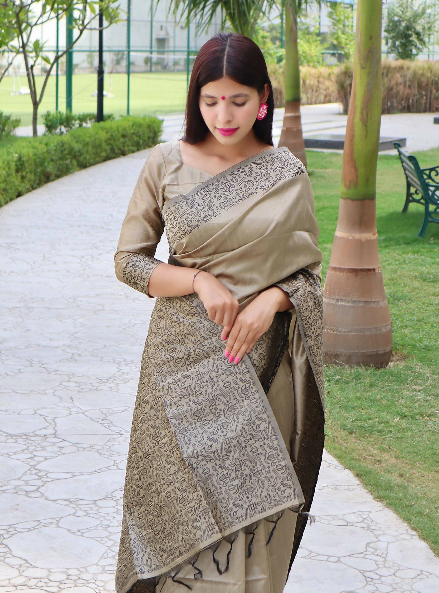Vishnu Weaves Women's Chiku Handloom Raw Silk Woven Border Saree with Unstitched Blouse - Swadesiicart
