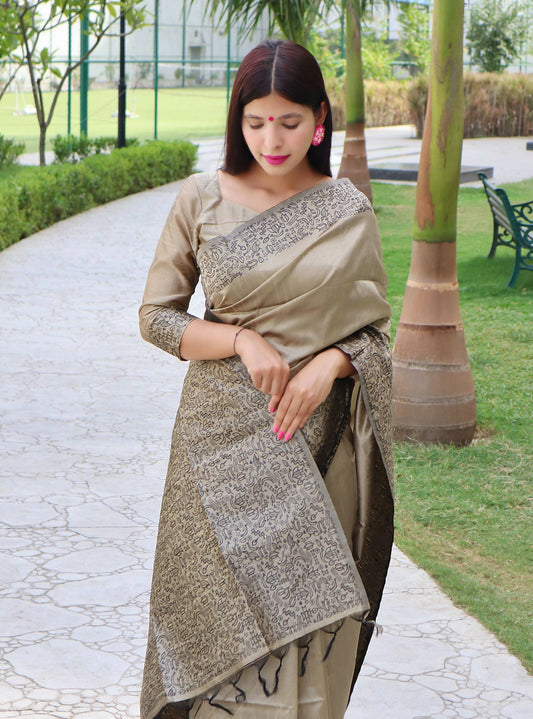 Vishnu Weaves Women's Chiku Handloom Raw Silk Woven Border Saree with Unstitched Blouse - Swadesiicart