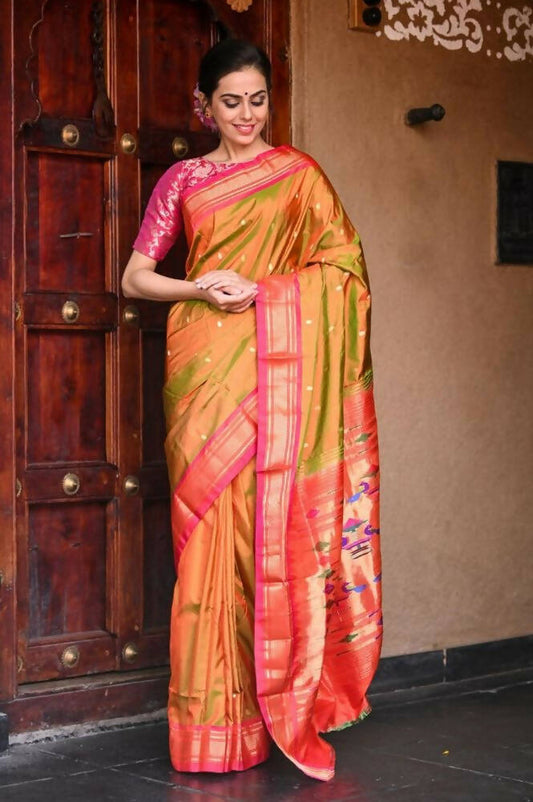 Very Much Indian Handloom Yeola Pure Silk Paithani - Dual Tone Green Pink | Swadesiicart