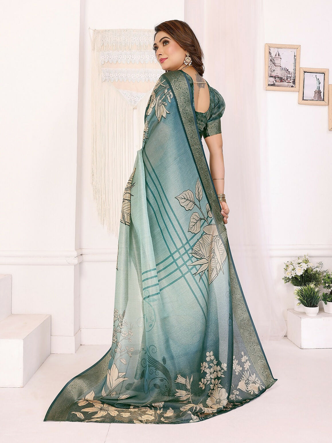 Joban Fashion Teal Floral Print pattern Banarasi Silk Sarees | Swadesiicart