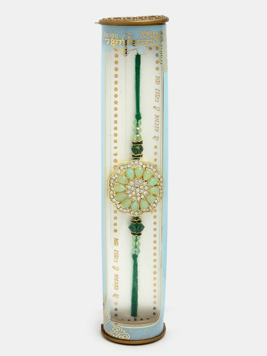 NVR Men Green Stone-Studded Rakhi With Roli Chawal & Chocolate | Swadesiicart