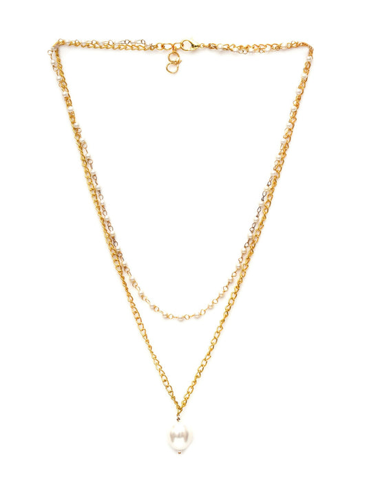 Layered Pearl and Gold Neckpiece with Emeralds (Gold) - Ruby Raang