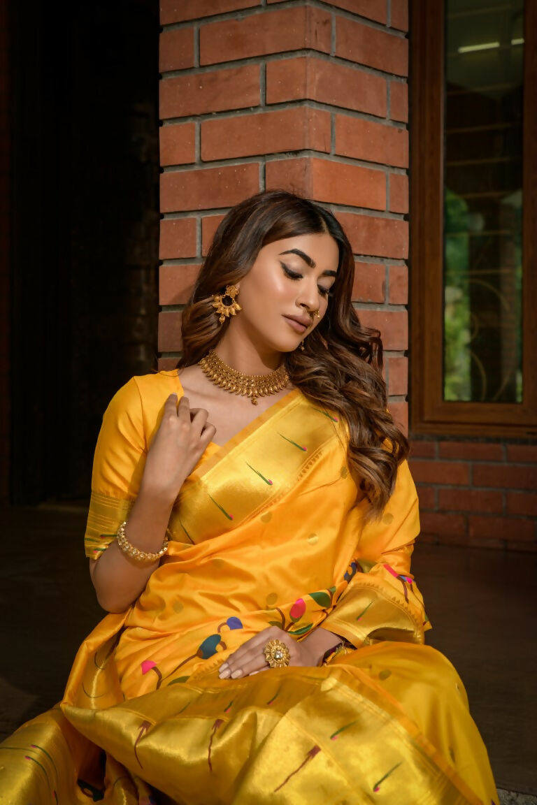 Jyoti Fashion Women's Yellow Paithani Silk Zari Woven Saree with Blouse | Swadesiicart