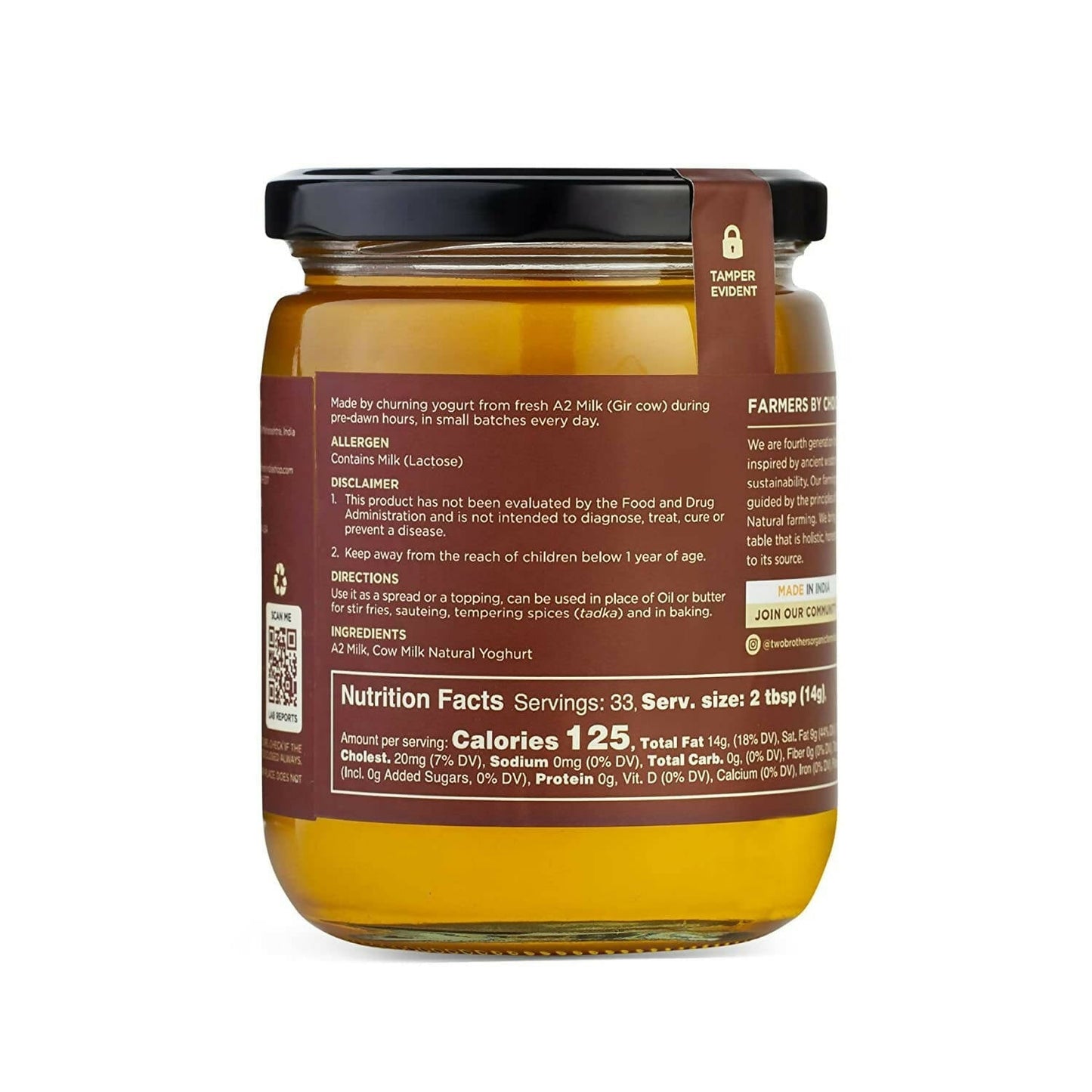 Two Brothers Organic Farms - A2 Ghee Cultured Cow Desi Ghee | 100% Pure and Natural - Desi Ghee - Highly Nutritious - Boost Immunity & Energy - Swadesiicart