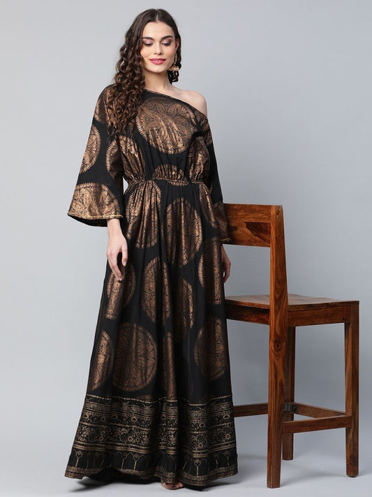 Ahalyaa Womens Black Crepe Copper Foil Printed Maxi Dress | Swadesiicart