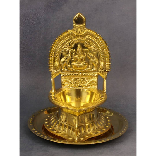 Spillbox Gold Toned Kamachi Diya With Plate Pooja Essentials | Swadesiicart