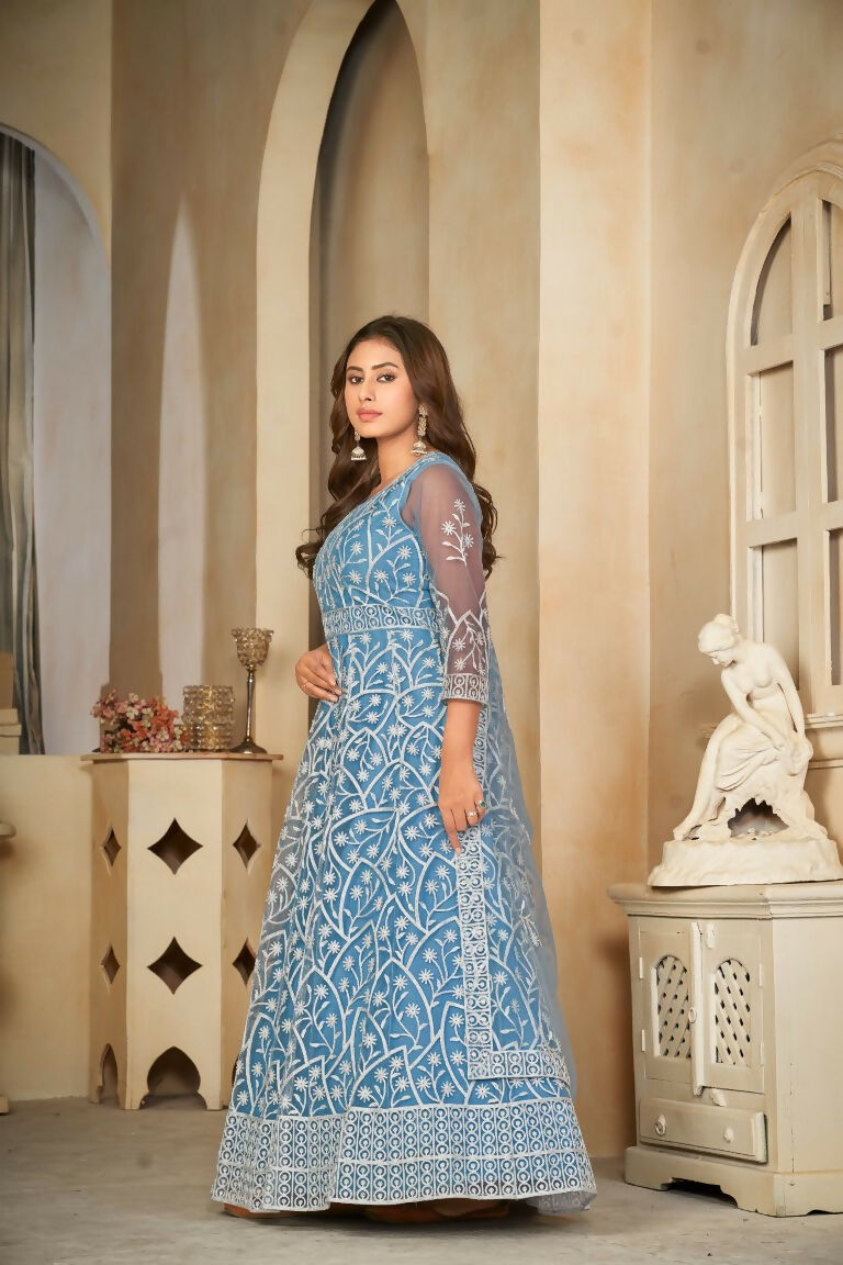 Jyoti Fashion Women's Sky Blue Net Embroidered Anarkali Kurta Pant Set With Dupatta | Swadesiicart
