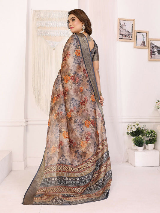 Joban Fashion Grey Floral Print pattern Banarasi Silk Sarees | Swadesiicart