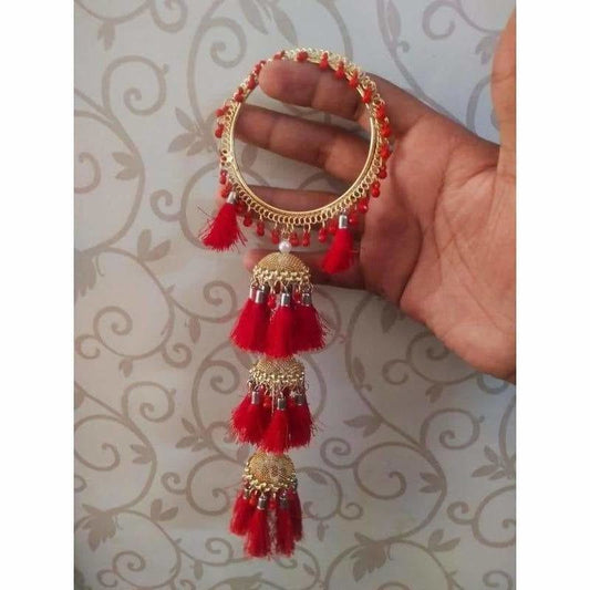 Red Color Threads And Pearls With Hanging Jhumkas Bangles