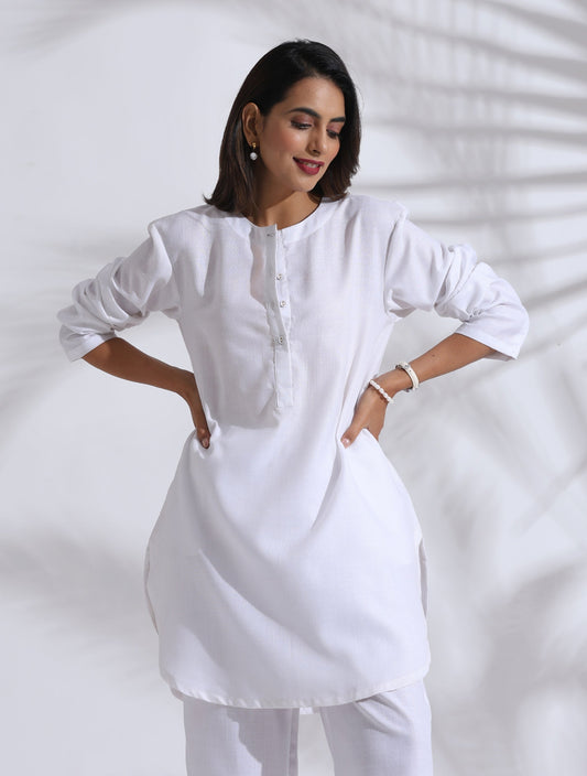 trueBrowns White Slub Kurta Co-ord Set - Swadesiicart