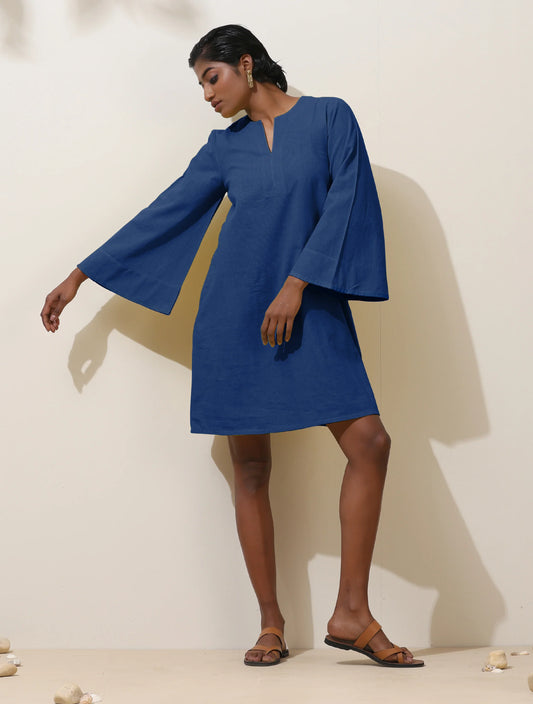 trueBrowns Blue Cotton Blend Short Dress | Swadesiicart