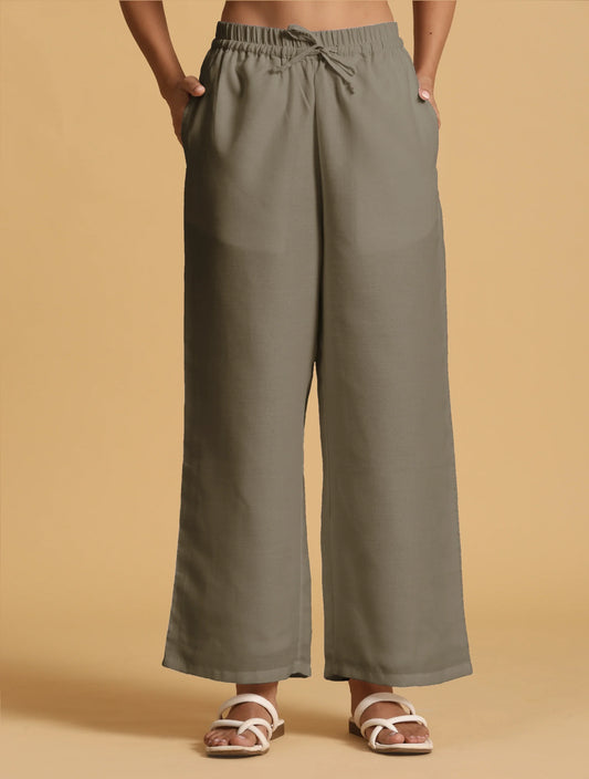 trueBrowns Olive Cotton Blend Elasticated Drawstring Straight Pants | Swadesiicart