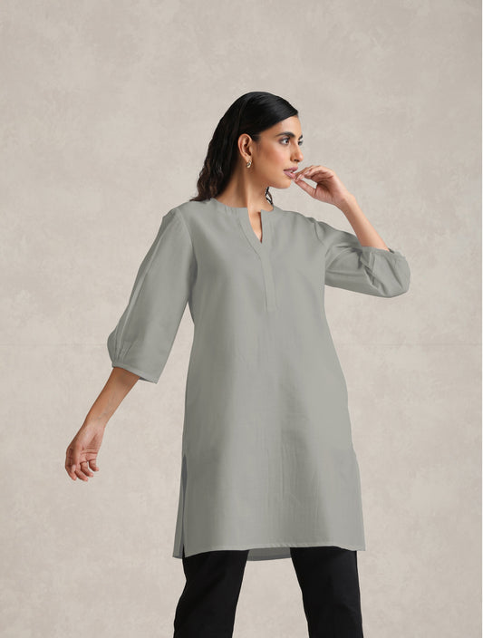 trueBrowns Grey Cotton Blend Short Kurta | Swadesiicart