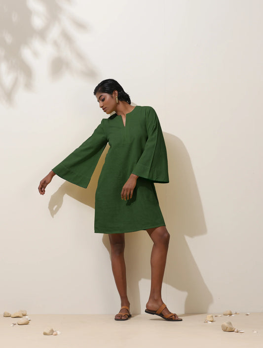 trueBrowns Green Cotton Blend Short Dress | Swadesiicart