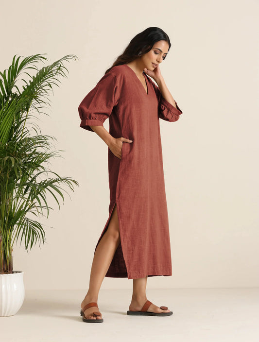 trueBrowns Rust Pink Cotton Blend Long Dress | Swadesiicart